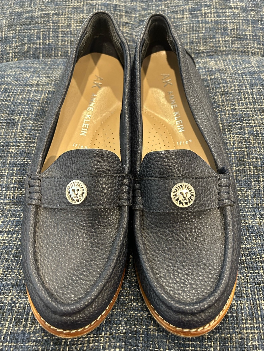 Anne Klein Nexxt Loafers Navy Blue Pebbled Leather Slip On Flats